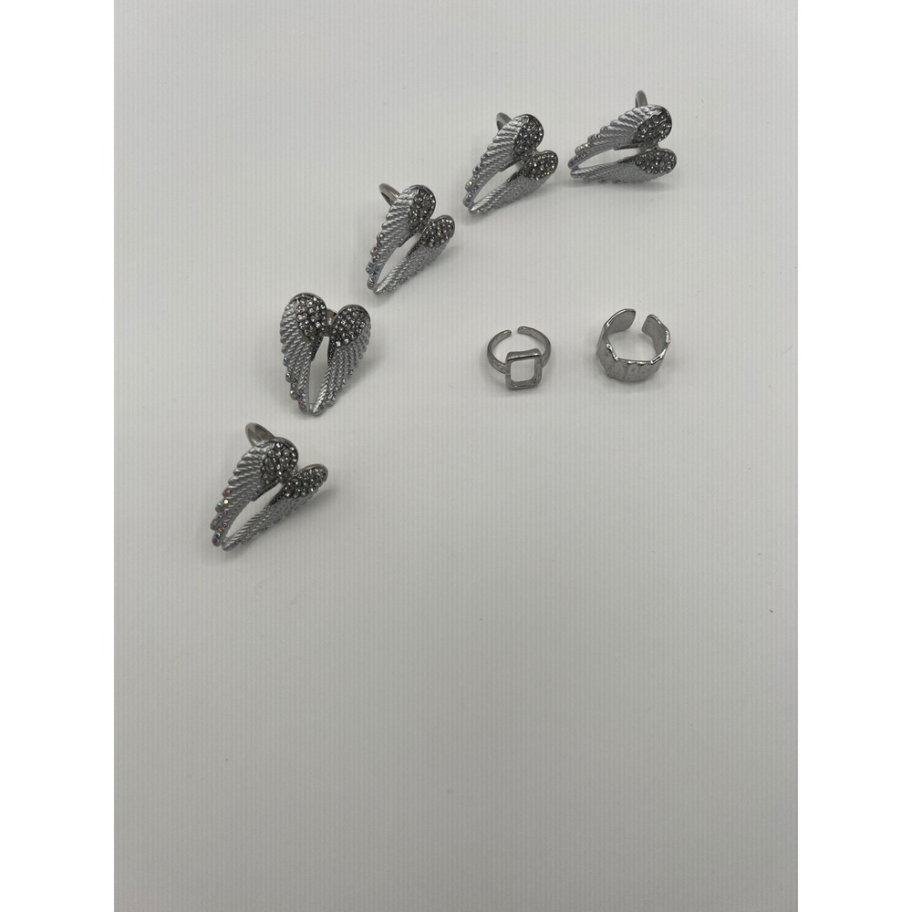 Silver Tone Angel Wing Rhinestone Ring Set and Geometric Bands 7 Piece Lot